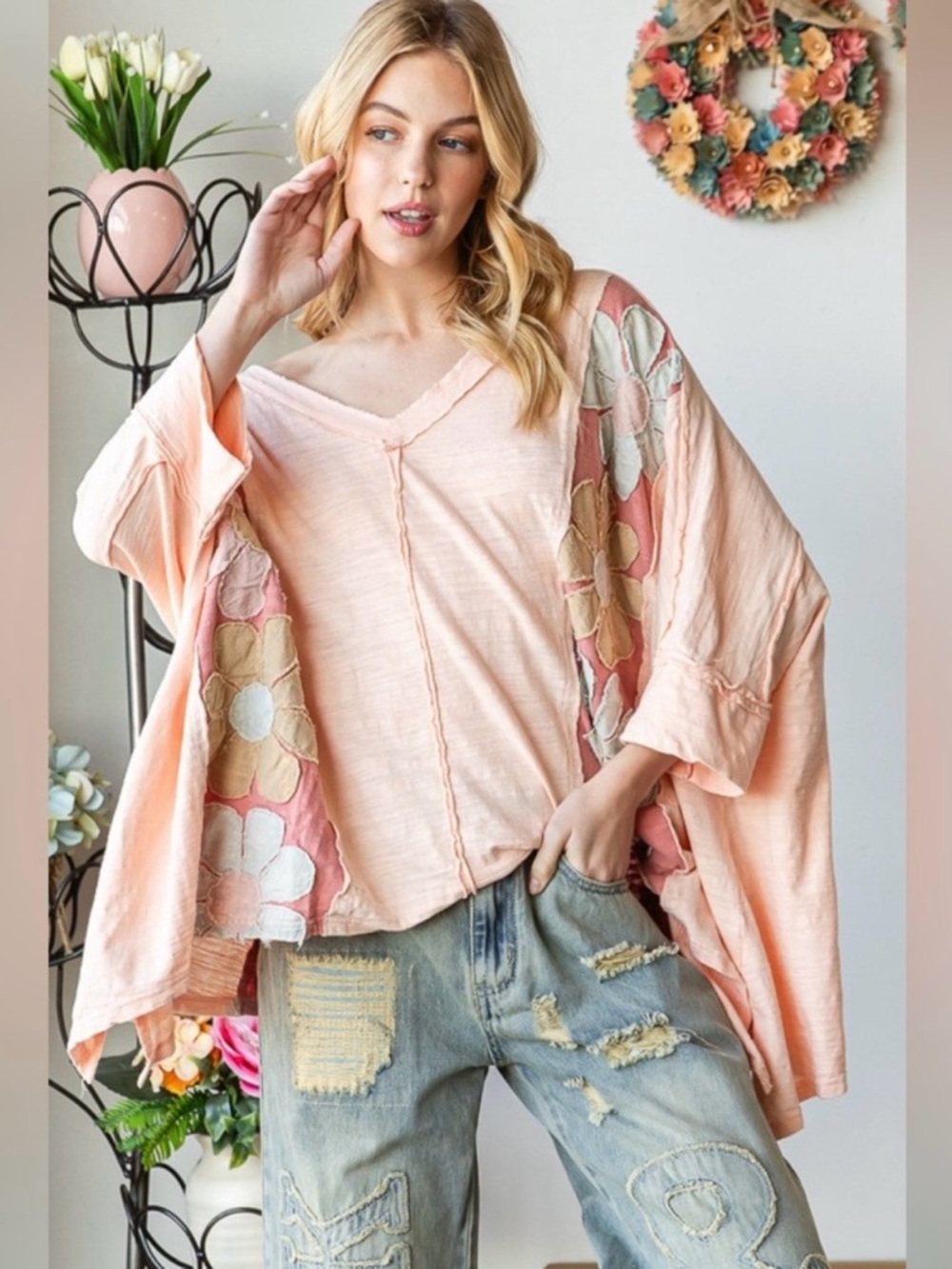 NWT Oli & Hali Washed Daisy Patch Oversized Cottagecore Boho Tunic Top XL
